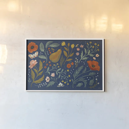 Blue Botanical I by Janelle Penner. shown as a paper print in a white frame. Available as a archival giclee rolled canvas, fine art paper, or poster print. SKU 48600i.