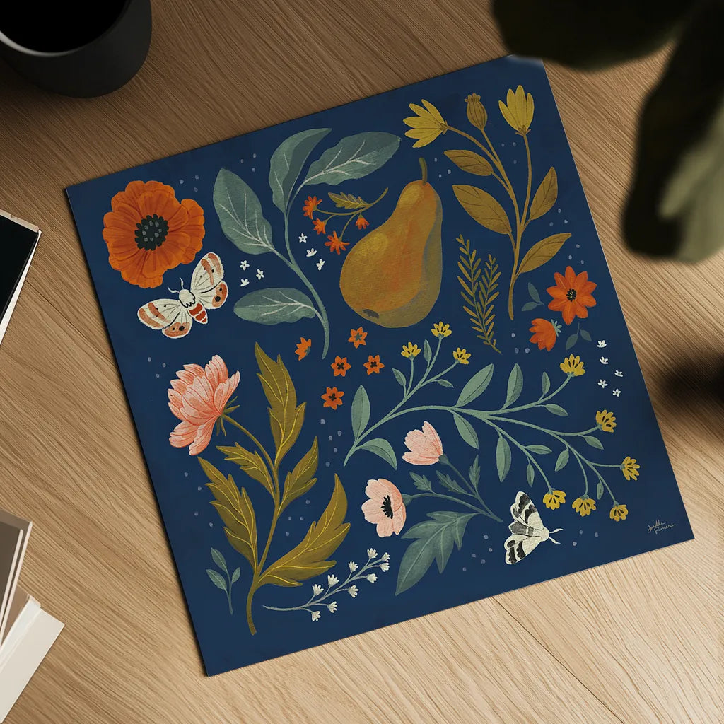 Blue Botanical II by Janelle Penner. Shown as a detailed flat fine art print, highlighting archival giclee quality. Available as an archival giclee rolled canvas, fine art paper, or poster print. SKU 48601a.