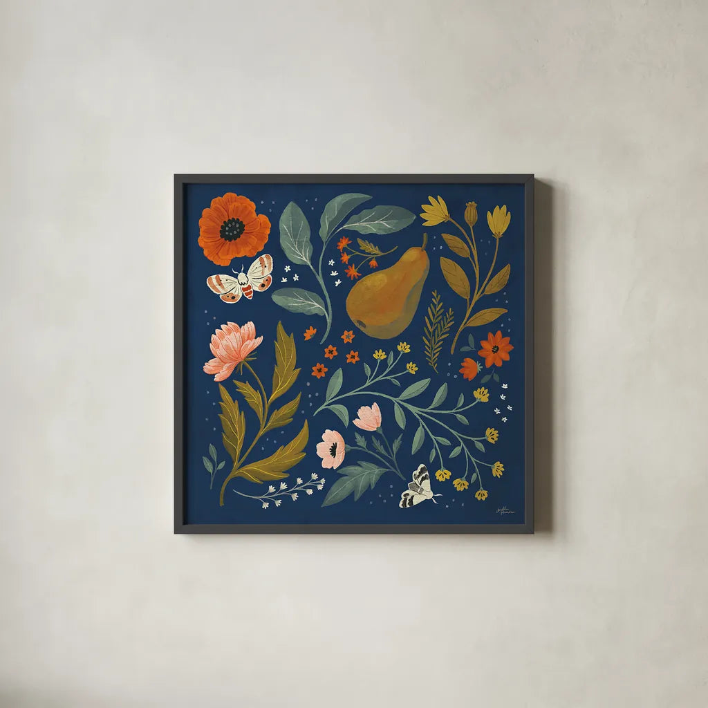 Blue Botanical II by Janelle Penner. Shown in a sleek black glass frame for a contemporary gallery look. Available as an archival giclee rolled canvas, fine art paper, or poster print. SKU 48601a.
