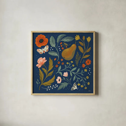 Blue Botanical II by Janelle Penner. Shown in a natural wood glass frame for a timeless modern aesthetic. Available as an archival giclee rolled canvas, fine art paper, or poster print. SKU 48601a.