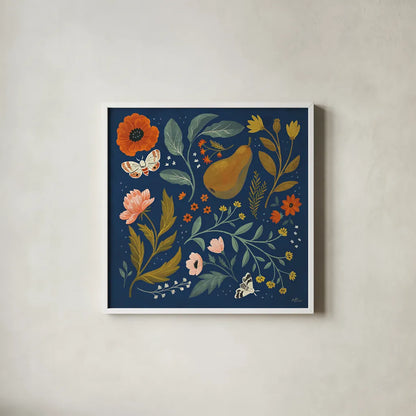 Blue Botanical II by Janelle Penner. Shown in a crisp white glass frame for a clean and minimalist style. Available as an archival giclee rolled canvas, fine art paper, or poster print. SKU 48601a.