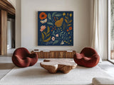 Blue Botanical II by Janelle Penner. Shown as extra-large giant wall art in a modern living room. Available as an archival giclee rolled canvas, fine art paper, or poster print. SKU 48601a.