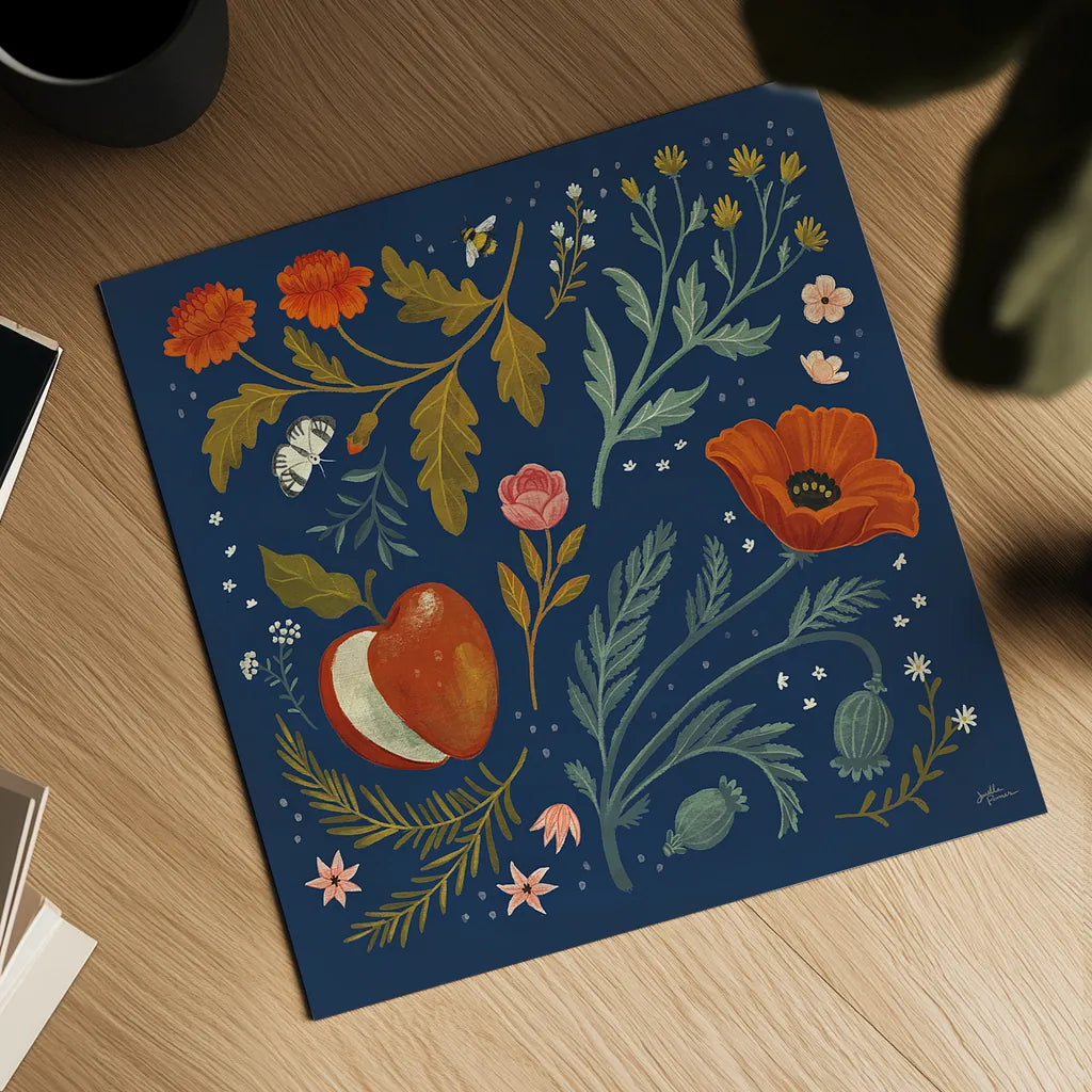 Blue Botanical III by Janelle Penner. Shown as a detailed flat fine art print, highlighting archival giclee quality. Available as an archival giclee rolled canvas, fine art paper, or poster print. SKU 48602a.