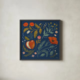 Blue Botanical III by Janelle Penner. Shown in a sleek black glass frame for a contemporary gallery look. Available as an archival giclee rolled canvas, fine art paper, or poster print. SKU 48602a.