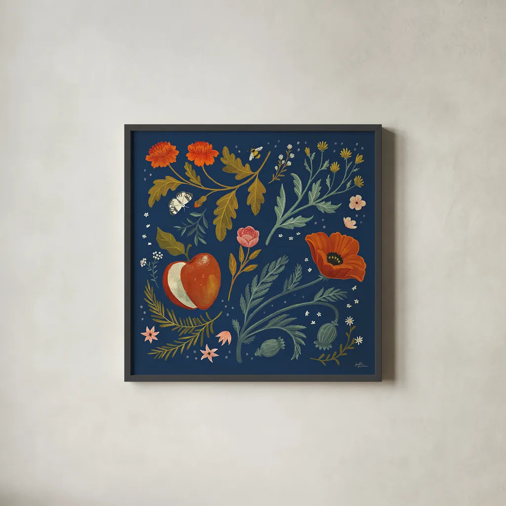 Blue Botanical III by Janelle Penner. Shown in a sleek black glass frame for a contemporary gallery look. Available as an archival giclee rolled canvas, fine art paper, or poster print. SKU 48602a.