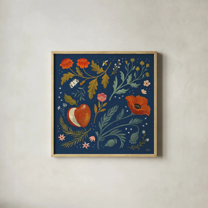 Blue Botanical III by Janelle Penner. Shown in a natural wood glass frame for a timeless modern aesthetic. Available as an archival giclee rolled canvas, fine art paper, or poster print. SKU 48602a.