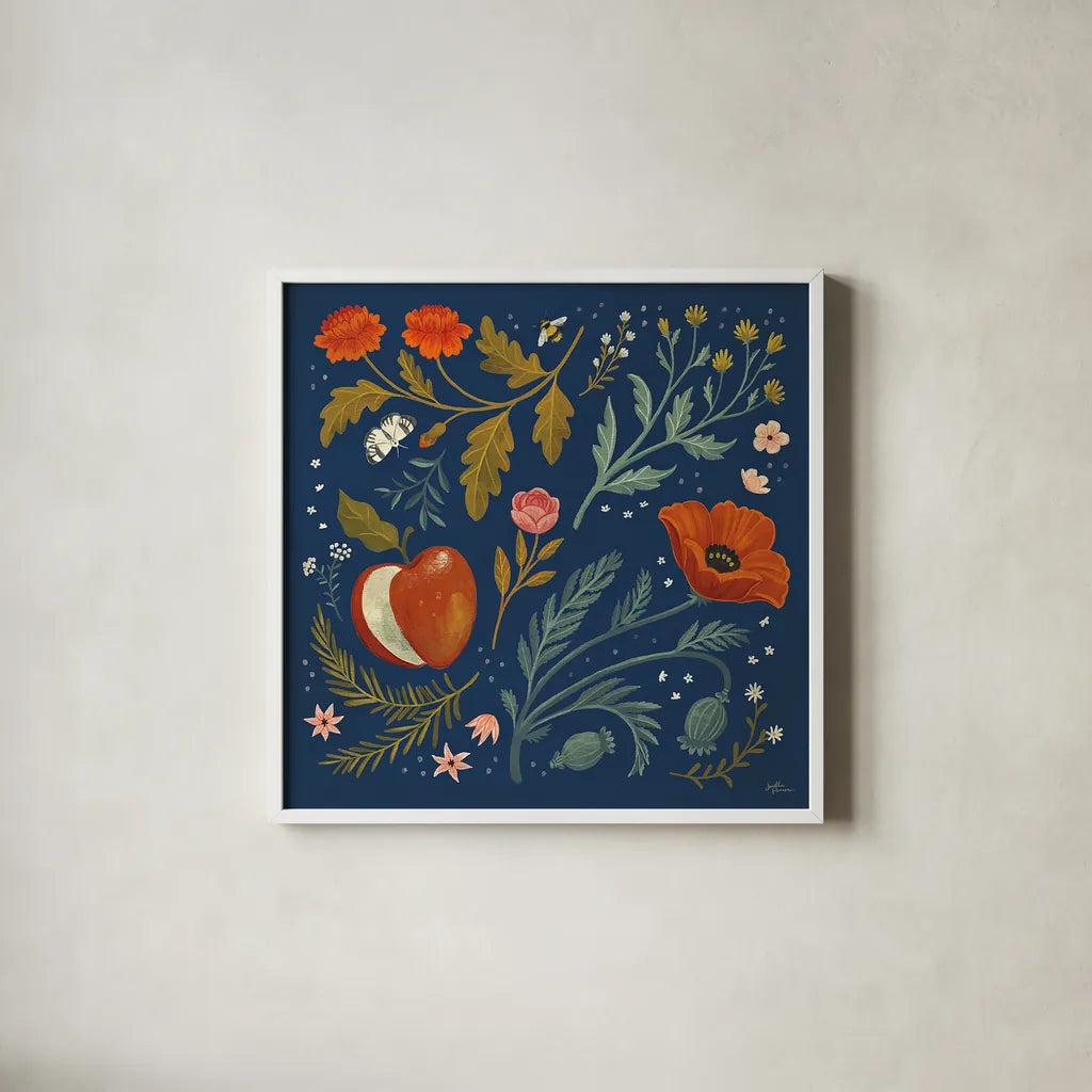 Blue Botanical III by Janelle Penner. Shown in a crisp white glass frame for a clean and minimalist style. Available as an archival giclee rolled canvas, fine art paper, or poster print. SKU 48602a.