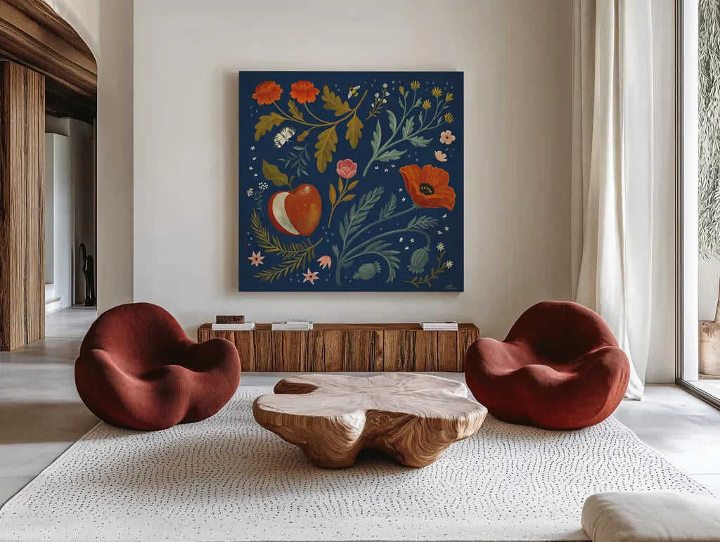 Blue Botanical III by Janelle Penner. Shown as extra-large giant wall art in a modern living room. Available as an archival giclee rolled canvas, fine art paper, or poster print. SKU 48602a.