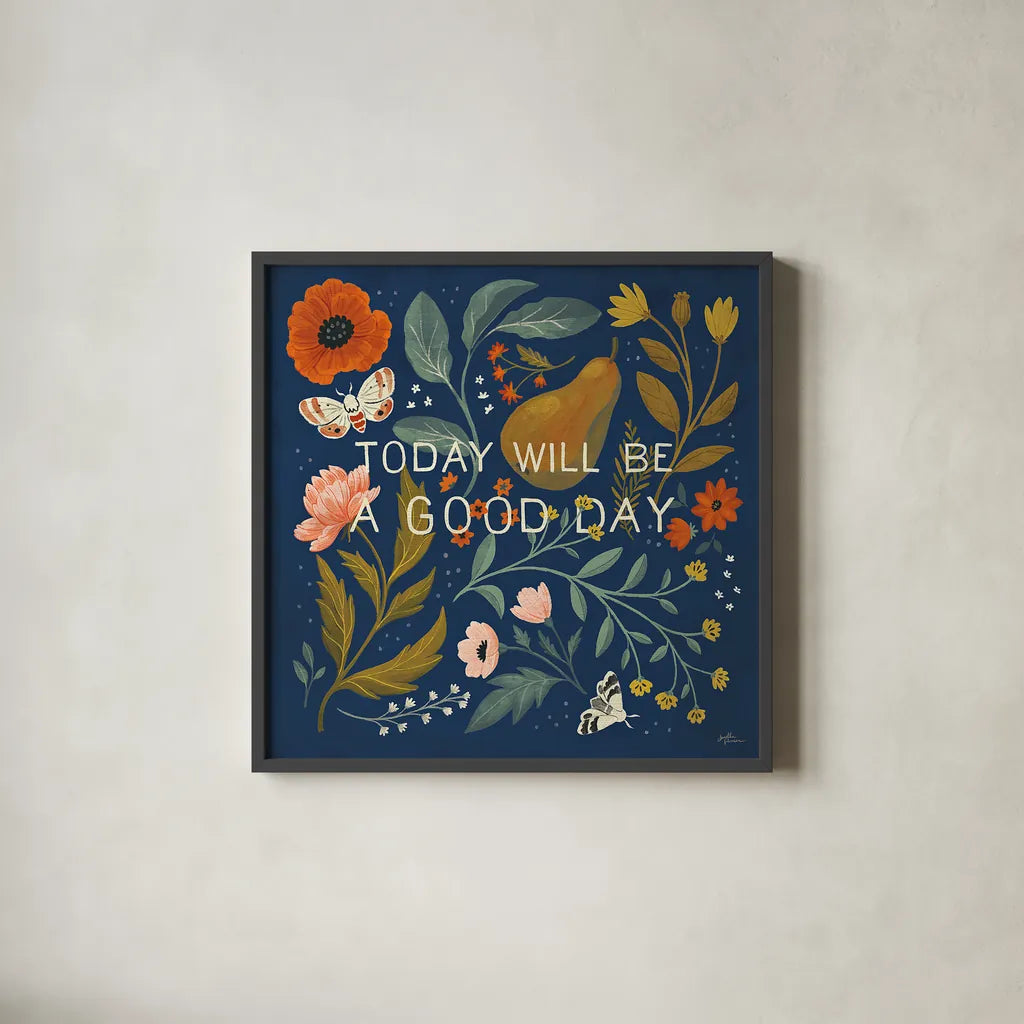 Blue Botanical IV by Janelle Penner. Shown in a sleek black glass frame for a contemporary gallery look. Available as an archival giclee rolled canvas, fine art paper, or poster print. SKU 48603a.