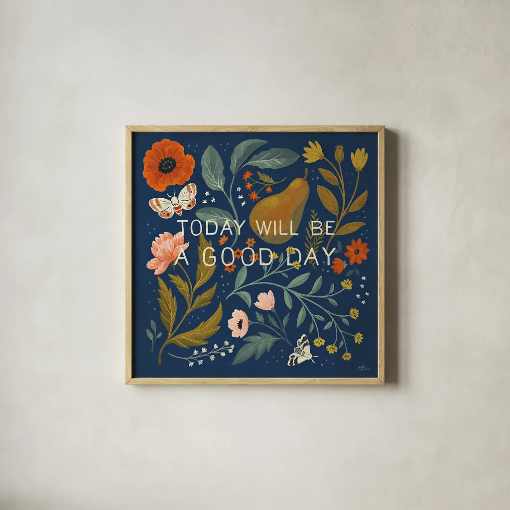 Blue Botanical IV by Janelle Penner. Shown in a natural wood glass frame for a timeless modern aesthetic. Available as an archival giclee rolled canvas, fine art paper, or poster print. SKU 48603a.