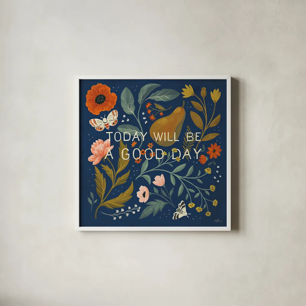 Blue Botanical IV by Janelle Penner. Shown in a crisp white glass frame for a clean and minimalist style. Available as an archival giclee rolled canvas, fine art paper, or poster print. SKU 48603a.