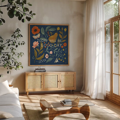 Blue Botanical IV by Janelle Penner. Shown in a natural wood frame in a cozy modern living room. Available as an archival giclee rolled canvas, fine art paper, or poster print. SKU 48603a.