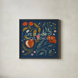 Blue Botanical V by Janelle Penner. Shown in a sleek black glass frame for a contemporary gallery look. Available as an archival giclee rolled canvas, fine art paper, or poster print. SKU 48604a.