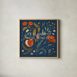 Blue Botanical V by Janelle Penner. Shown in a natural wood glass frame for a timeless modern aesthetic. Available as an archival giclee rolled canvas, fine art paper, or poster print. SKU 48604a.