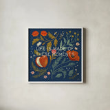 Blue Botanical V by Janelle Penner. Shown in a crisp white glass frame for a clean and minimalist style. Available as an archival giclee rolled canvas, fine art paper, or poster print. SKU 48604a.