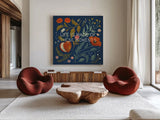 Blue Botanical V by Janelle Penner. Shown as extra-large giant wall art in a modern living room. Available as an archival giclee rolled canvas, fine art paper, or poster print. SKU 48604a.