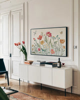Boho Field I by Janelle Penner. shown as a framed stretched canvas in a living room above a console. Available as a archival giclee rolled canvas, fine art paper, or poster print. SKU 50566i.