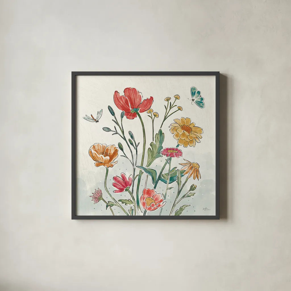 Boho Field II by Janelle Penner. Shown in a sleek black glass frame for a contemporary gallery look. Available as an archival giclee rolled canvas, fine art paper, or poster print. SKU 50567a.