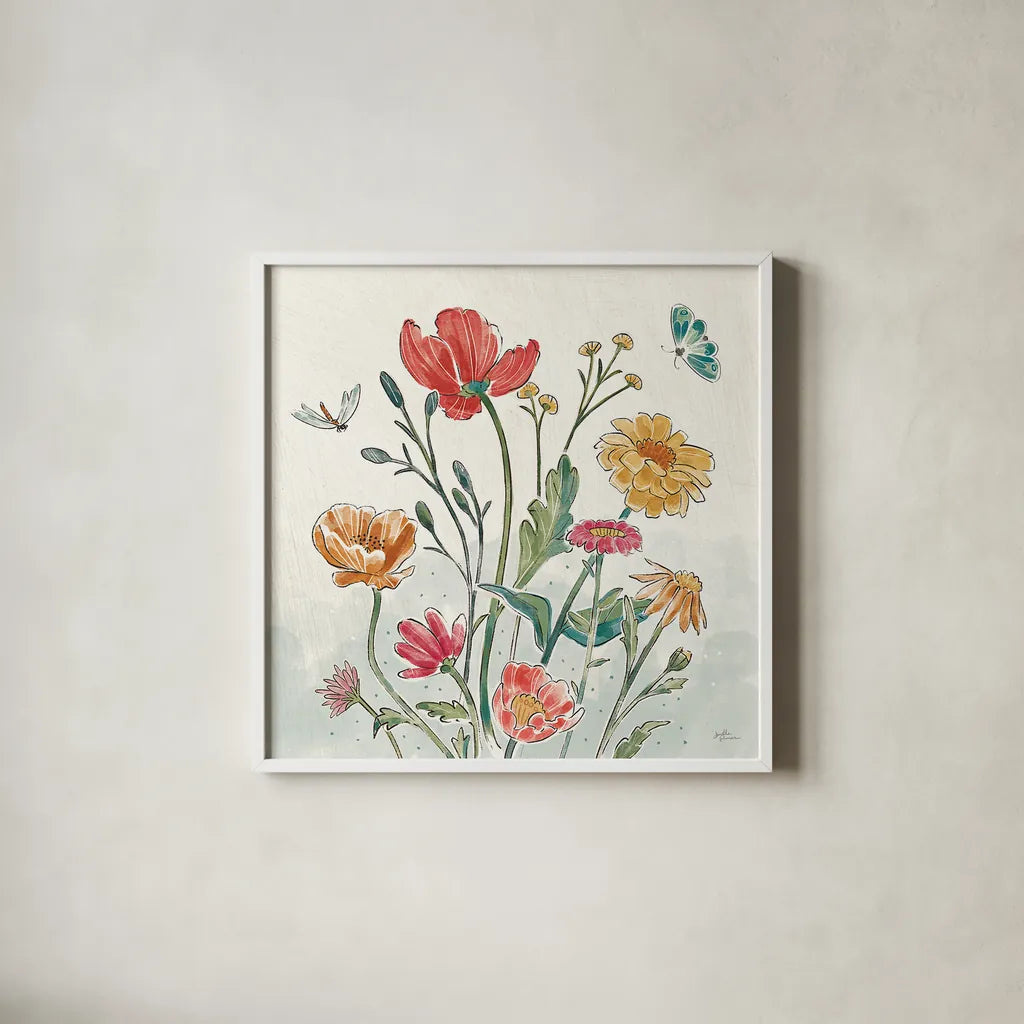 Boho Field II by Janelle Penner. Shown in a crisp white glass frame for a clean and minimalist style. Available as an archival giclee rolled canvas, fine art paper, or poster print. SKU 50567a.