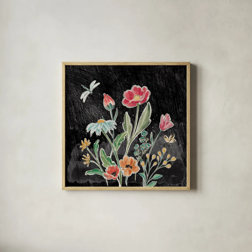 Boho Field III Black by Janelle Penner. Shown in a natural wood glass frame for a timeless modern aesthetic. Available as an archival giclee rolled canvas, fine art paper, or poster print. SKU 52071a.