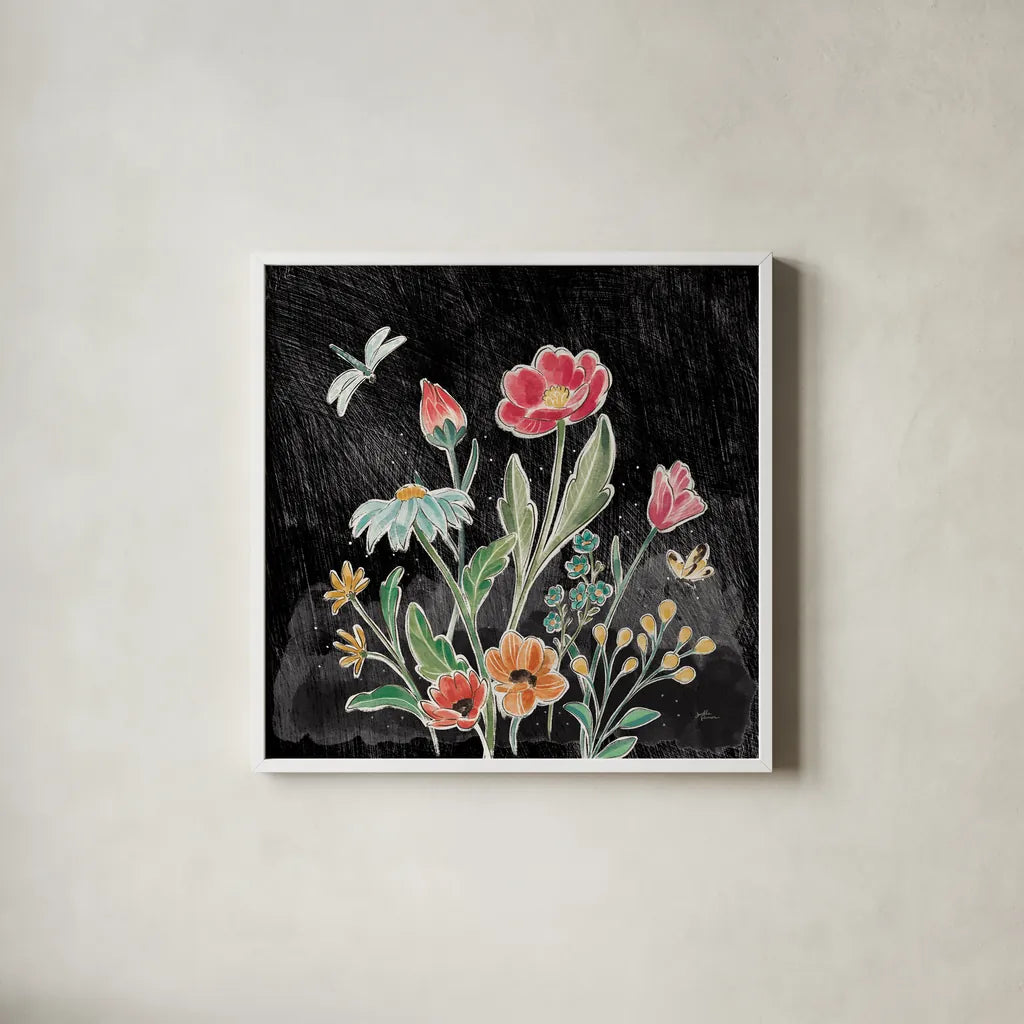 Boho Field III Black by Janelle Penner. Shown in a crisp white glass frame for a clean and minimalist style. Available as an archival giclee rolled canvas, fine art paper, or poster print. SKU 52071a.