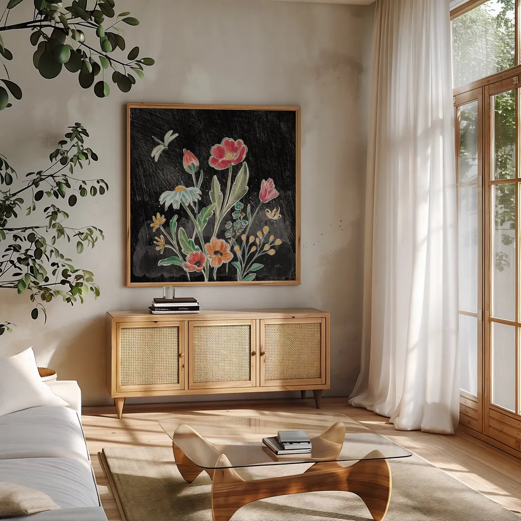Boho Field III Black by Janelle Penner. Shown in a natural wood frame in a cozy modern living room. Available as an archival giclee rolled canvas, fine art paper, or poster print. SKU 52071a.