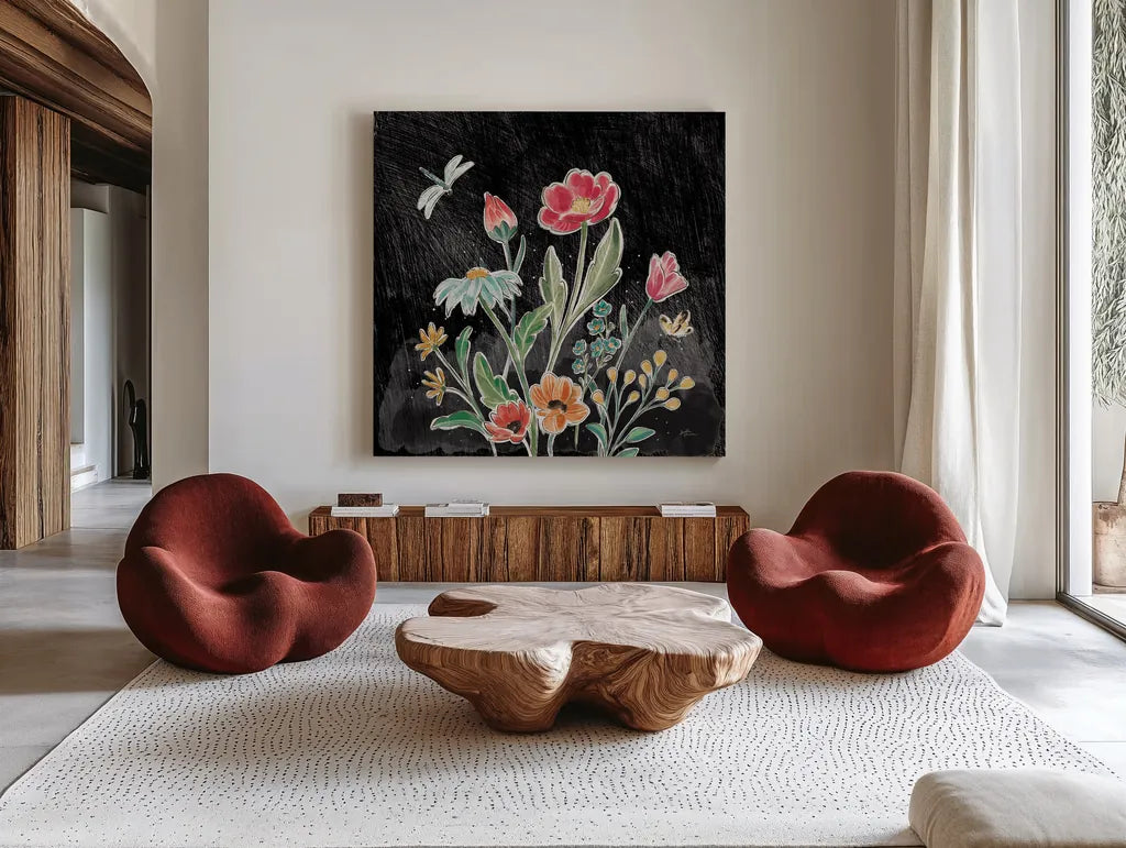 Boho Field III Black by Janelle Penner. Shown as extra-large giant wall art in a modern living room. Available as an archival giclee rolled canvas, fine art paper, or poster print. SKU 52071a.
