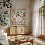 Boho Field IV by Janelle Penner. Shown in a natural wood frame in a cozy modern living room. Available as an archival giclee rolled canvas, fine art paper, or poster print. SKU 50569a.