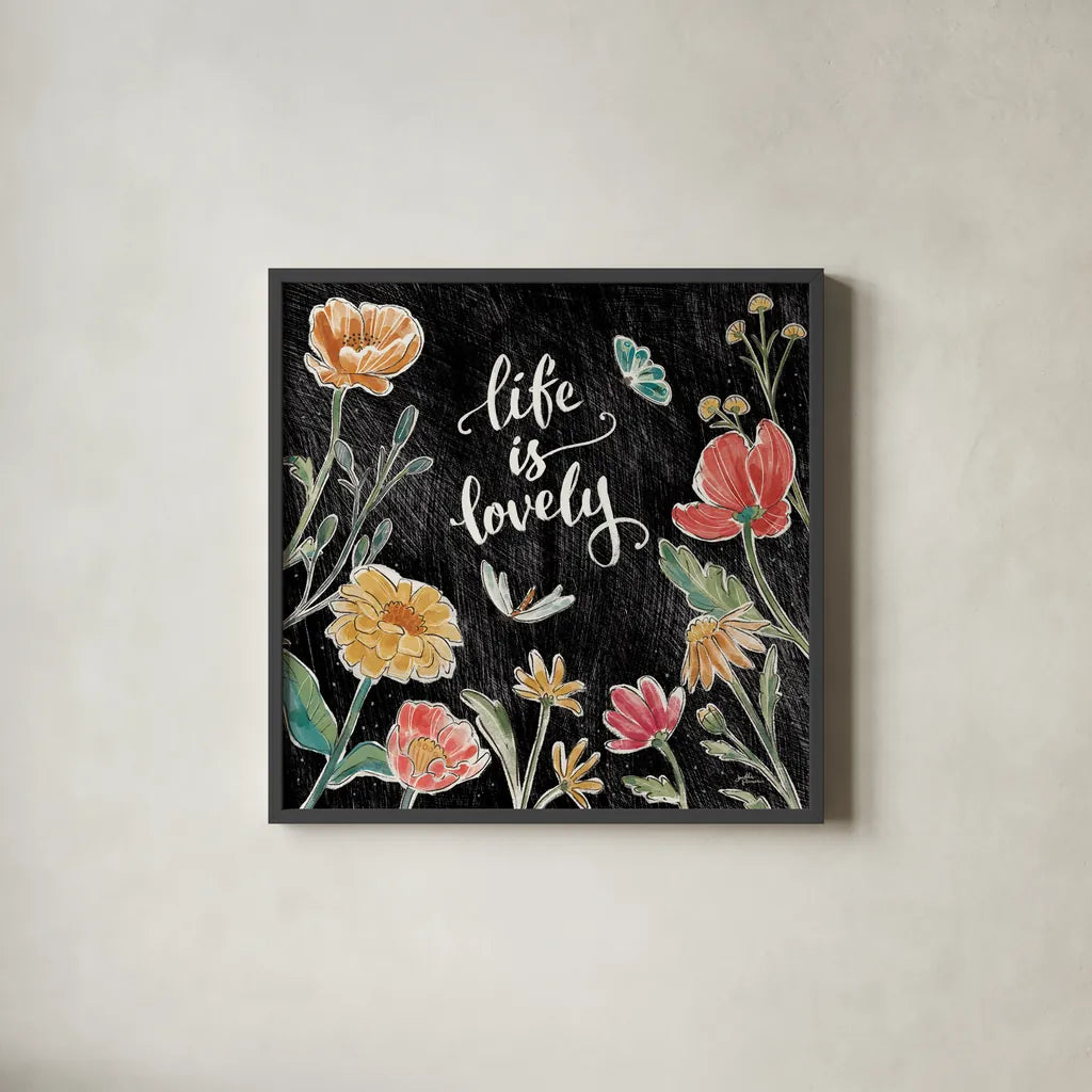 Boho Field IV Black by Janelle Penner. Shown in a sleek black glass frame for a contemporary gallery look. Available as an archival giclee rolled canvas, fine art paper, or poster print. SKU 52072a.