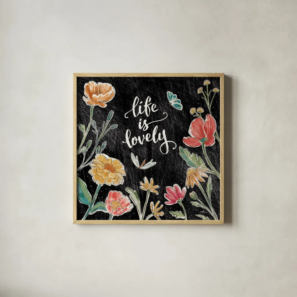 Boho Field IV Black by Janelle Penner. Shown in a natural wood glass frame for a timeless modern aesthetic. Available as an archival giclee rolled canvas, fine art paper, or poster print. SKU 52072a.