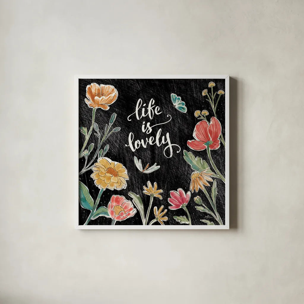 Boho Field IV Black by Janelle Penner. Shown in a crisp white glass frame for a clean and minimalist style. Available as an archival giclee rolled canvas, fine art paper, or poster print. SKU 52072a.