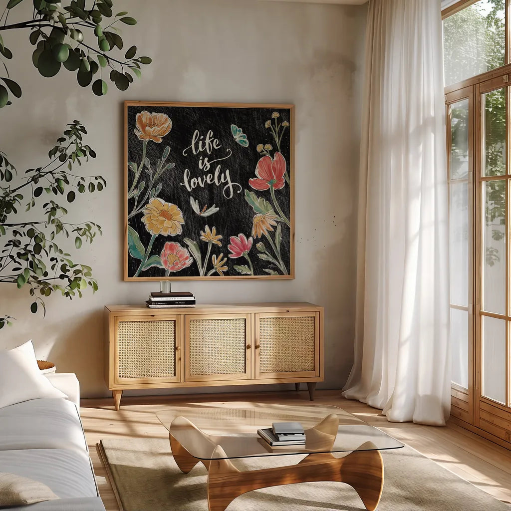 Boho Field IV Black by Janelle Penner. Shown in a natural wood frame in a cozy modern living room. Available as an archival giclee rolled canvas, fine art paper, or poster print. SKU 52072a.