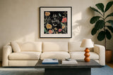 Boho Field IV Black by Janelle Penner. Displayed in a glass frame with matte in a clean modern living room. Available as an archival giclee rolled canvas, fine art paper, or poster print. SKU 52072a.
