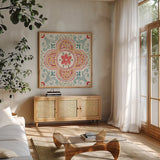Boho Field VI by Janelle Penner. Shown in a natural wood frame in a cozy modern living room. Available as an archival giclee rolled canvas, fine art paper, or poster print. SKU 50571a.