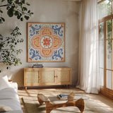 Boho Field VI Bright by Janelle Penner. Shown in a natural wood frame in a cozy modern living room. Available as an archival giclee rolled canvas, fine art paper, or poster print. SKU 54236a.