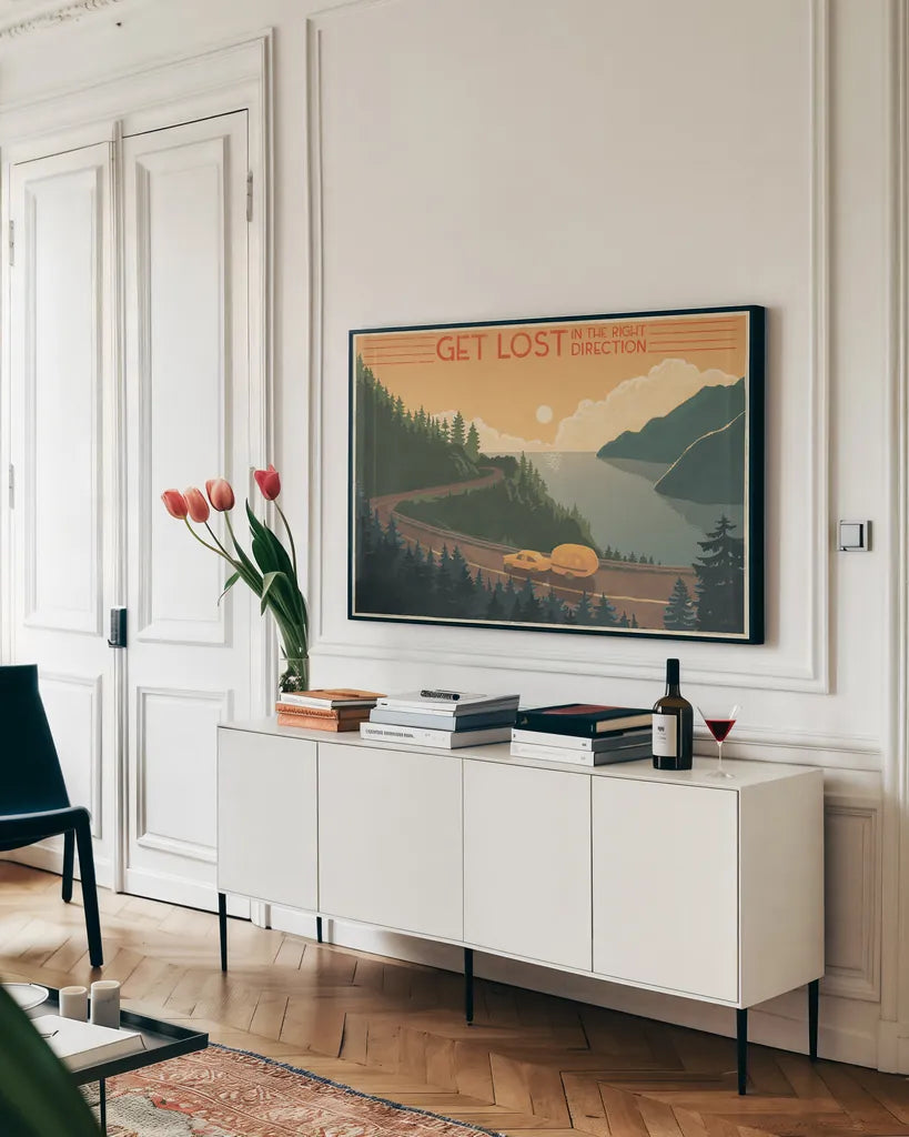 Born to Roam I by Janelle Penner. shown as a framed stretched canvas in a living room above a console. Available as a archival giclee rolled canvas, fine art paper, or poster print. SKU 69381i.