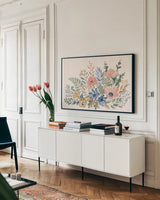 Botanical Blend I by Janelle Penner. shown as a framed stretched canvas in a living room above a console. Available as a archival giclee rolled canvas, fine art paper, or poster print. SKU 82918i.