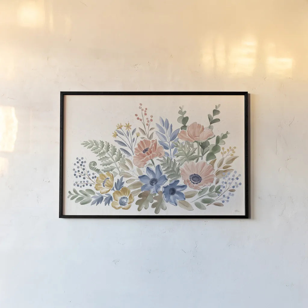 Botanical Blend I by Janelle Penner. shown as a paper print in a black flame. Available as a archival giclee rolled canvas, fine art paper, or poster print. SKU 82918i.