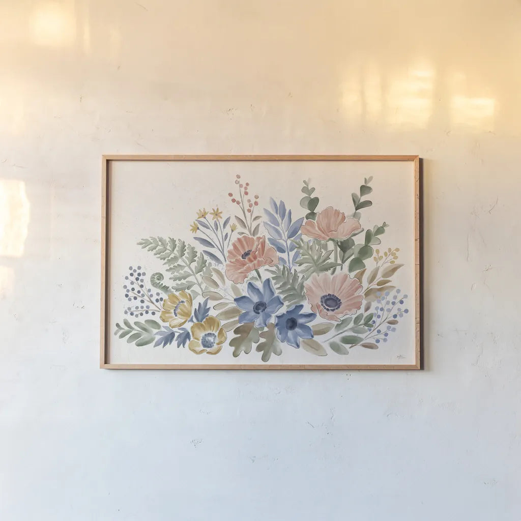 Botanical Blend I by Janelle Penner. shown as a paper print in a natural frame. Available as a archival giclee rolled canvas, fine art paper, or poster print. SKU 82918i.