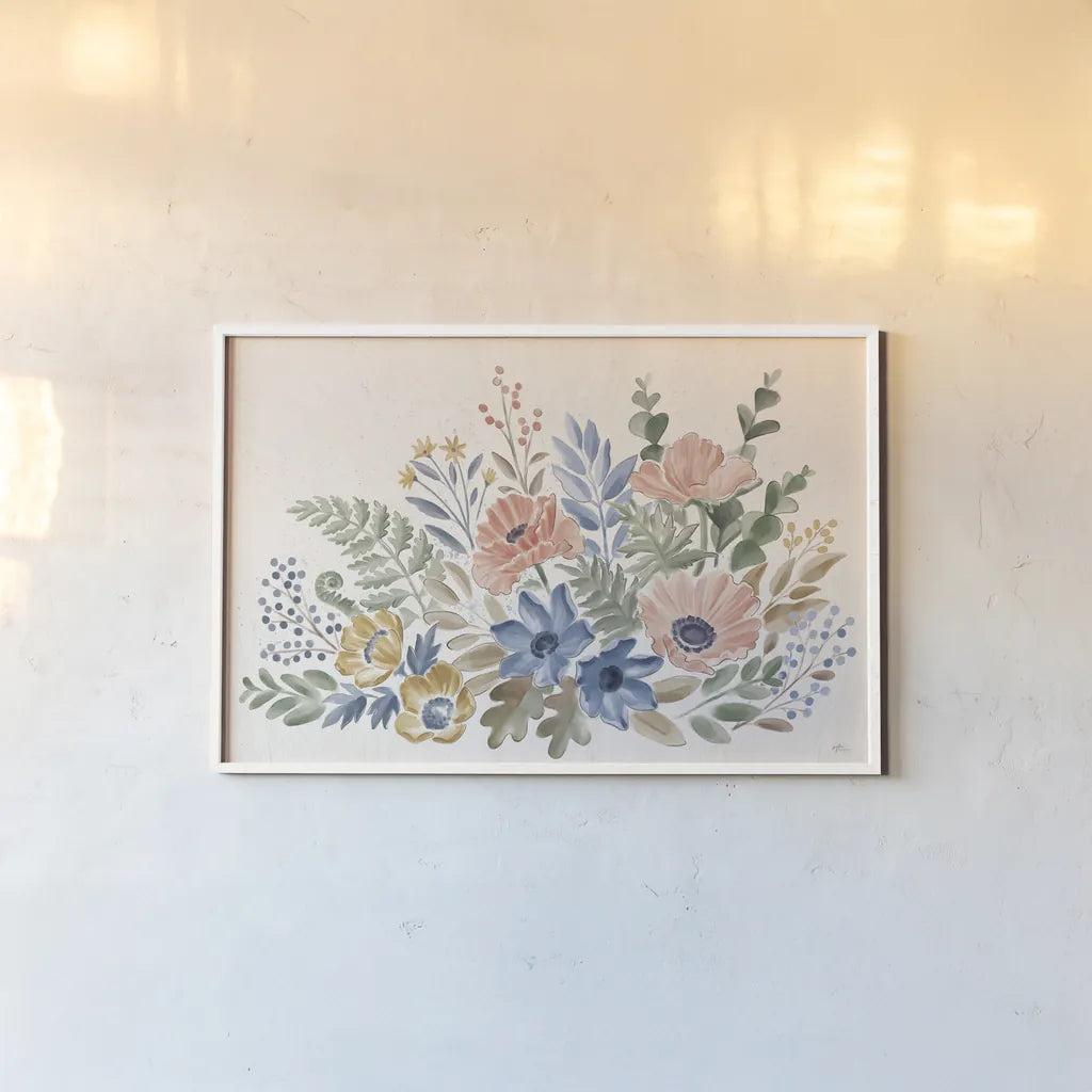 Botanical Blend I by Janelle Penner. shown as a paper print in a white frame. Available as a archival giclee rolled canvas, fine art paper, or poster print. SKU 82918i.