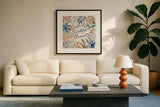 Botanical Blend VI by Janelle Penner. Displayed in a glass frame with matte in a clean modern living room. Available as an archival giclee rolled canvas, fine art paper, or poster print. SKU 82923a.
