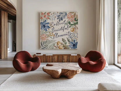 Botanical Blend VI by Janelle Penner. Shown as extra-large giant wall art in a modern living room. Available as an archival giclee rolled canvas, fine art paper, or poster print. SKU 82923a.