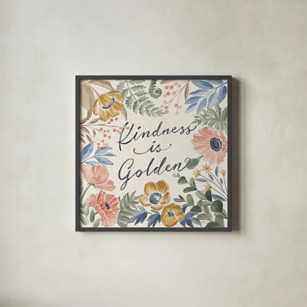 Botanical Blend VII by Janelle Penner. Shown in a sleek black glass frame for a contemporary gallery look. Available as an archival giclee rolled canvas, fine art paper, or poster print. SKU 82924a.