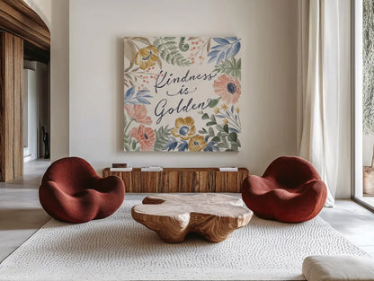 Botanical Blend VII by Janelle Penner. Shown as extra-large giant wall art in a modern living room. Available as an archival giclee rolled canvas, fine art paper, or poster print. SKU 82924a.