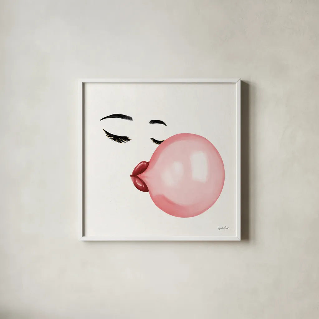 Bubble Babe I by Janelle Penner. Shown in a crisp white glass frame for a clean and minimalist style. Available as an archival giclee rolled canvas, fine art paper, or poster print. SKU 67236a.