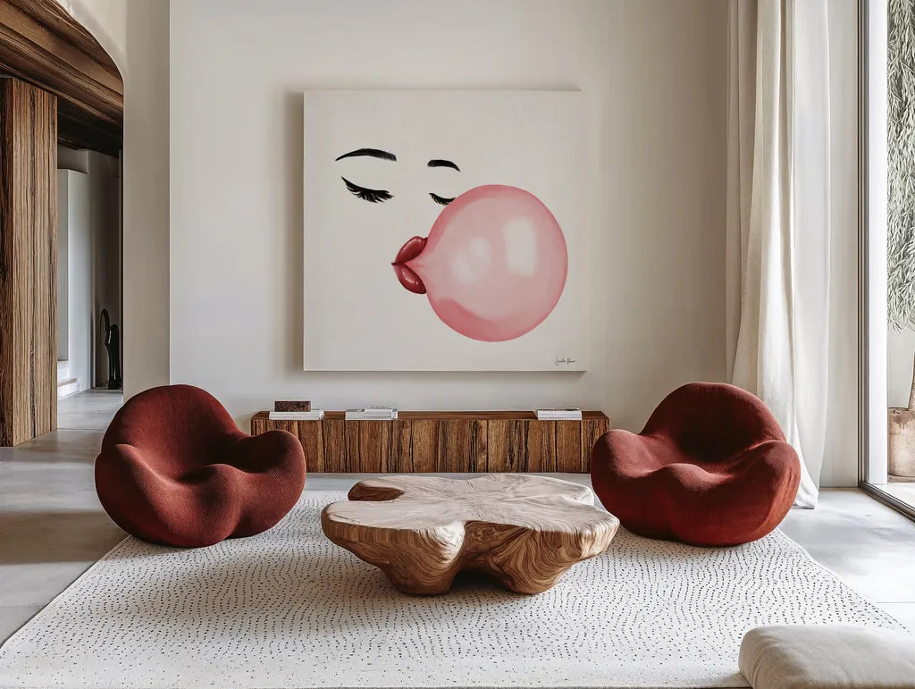 Bubble Babe I by Janelle Penner. Shown as extra-large giant wall art in a modern living room. Available as an archival giclee rolled canvas, fine art paper, or poster print. SKU 67236a.