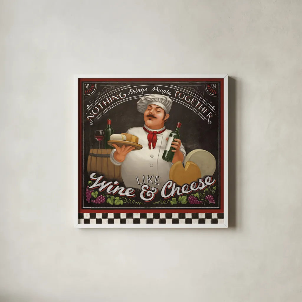 Chefs Specials II by Janelle Penner. Shown in a crisp white glass frame for a clean and minimalist style. Available as an archival giclee rolled canvas, fine art paper, or poster print. SKU 29531a.