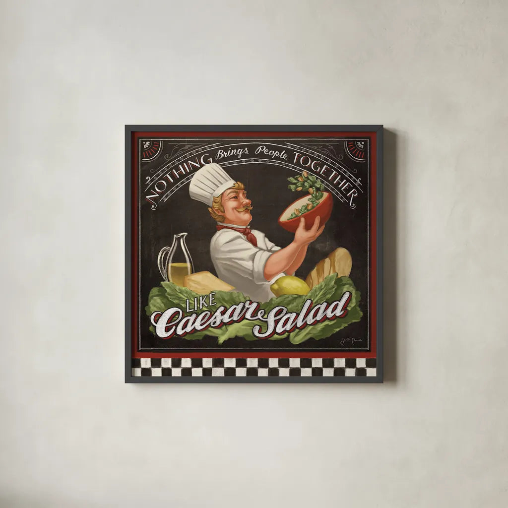 Chefs Specials III by Janelle Penner. Shown in a sleek black glass frame for a contemporary gallery look. Available as an archival giclee rolled canvas, fine art paper, or poster print. SKU 29532a.