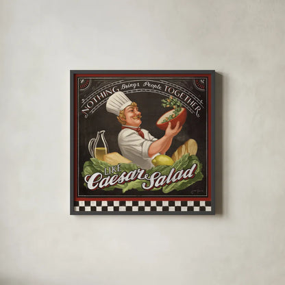 Chefs Specials III by Janelle Penner. Shown in a sleek black glass frame for a contemporary gallery look. Available as an archival giclee rolled canvas, fine art paper, or poster print. SKU 29532a.