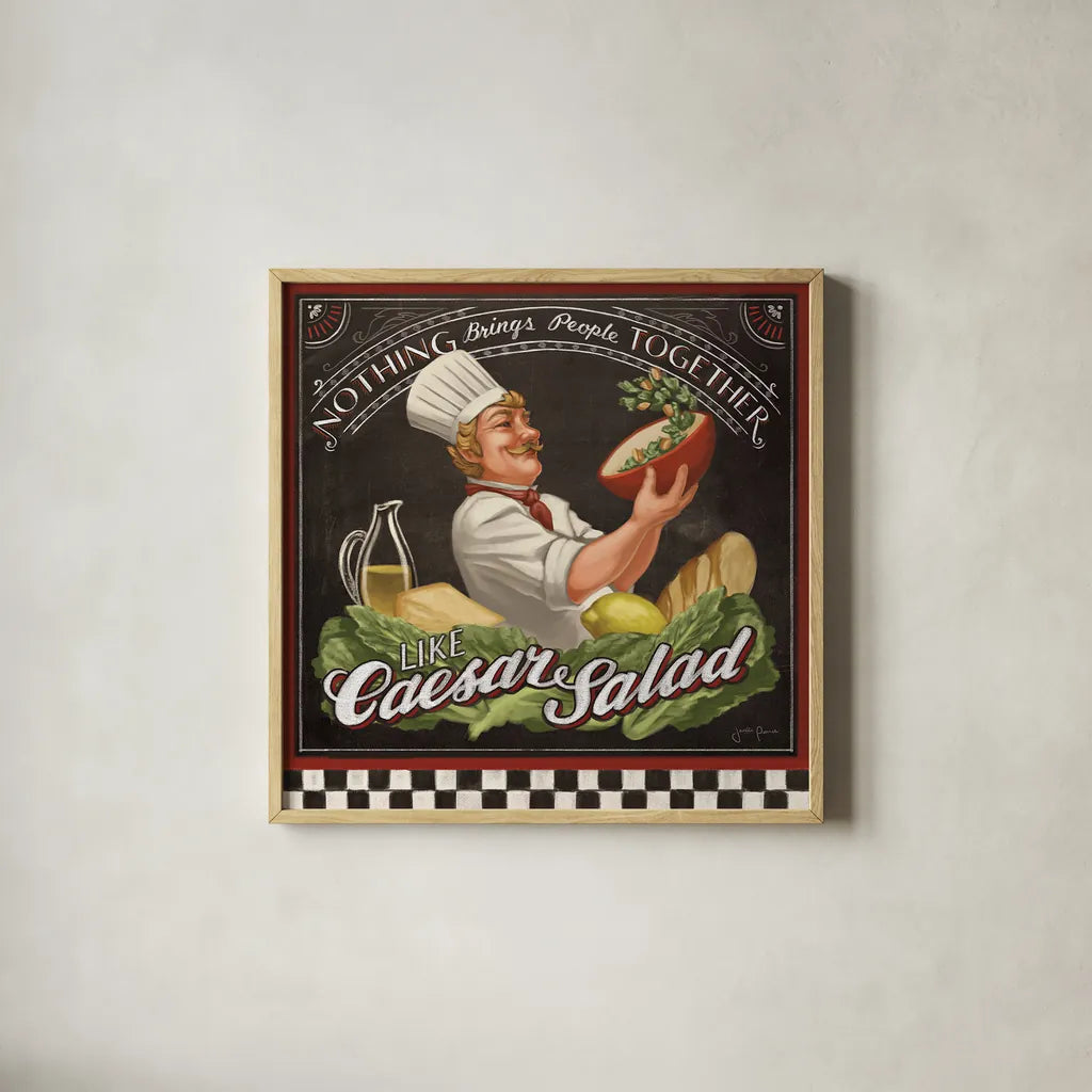 Chefs Specials III by Janelle Penner. Shown in a natural wood glass frame for a timeless modern aesthetic. Available as an archival giclee rolled canvas, fine art paper, or poster print. SKU 29532a.
